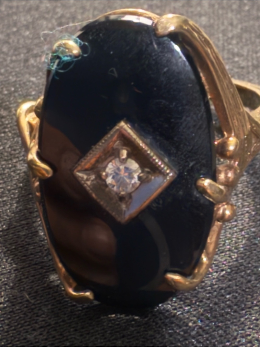 VintageArt Deco Gold-Tone Black Onyx Ring with Clear Center Stone